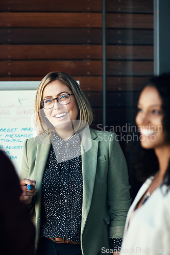 Image of Woman, group and employees brainstorming, meeting and collaboration with a new project, development and profit growth. Female leader, coworkers or consultant with clients, share ideas and partnership