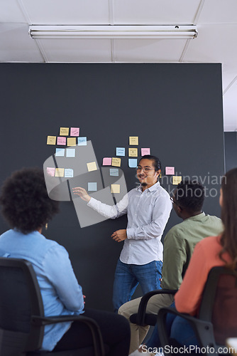 Image of People in meeting, brainstorming and presentation with team in office, sticky note and communication at startup. Collaboration, teamwork and strategy workshop, ideas with presenter and audience