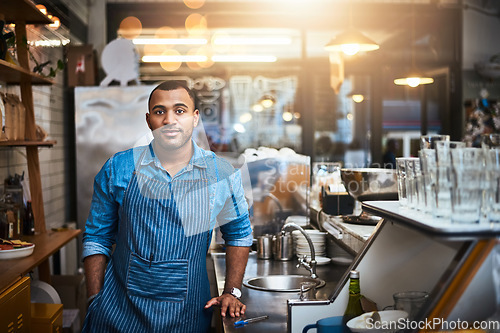 Image of Coffee shop, barista and portrait of man in restaurant for service, working and standing by cafe counter. Small business owner, bistro startup and serious male waiter in cafeteria ready to serve