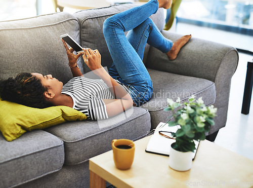 Image of Relax, smartphone and woman on sofa in home for network, online website and social media. Communication, mobile app and calm female person on phone for chatting, text message and internet connection