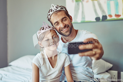 Image of Man, girl child and selfie in princess tiara, happiness with love and care at family home. Smile in picture, father and daughter bonding with crown, happy people spending time together in bedroom