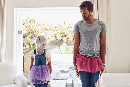 Image of Man with girl, ballet dancing and teaching with learning at home in tutu, bond with love and creativity. Family, father and daughter dance in living room, ballerina lesson and spending time together