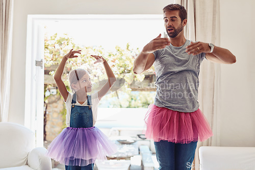 Image of Father with daughter, ballet dancing and teaching with learning at home in tutu, bond with love and creativity. Family, man and girl dance in living room, ballerina lesson and spending time together