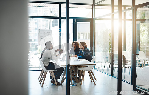 Image of Planning, idea and meeting with business people in boardroom for strategy, brainstorming and solution. Corporate, collaboration and conference with employees in office for negotiation development