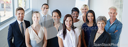 Image of Teamwork, portrait and happy business people standing together for leadership, management and diversity in company. Smile on faces of employees, women or men in group collaboration and career mindset