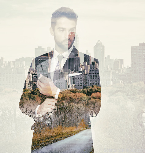 Image of Business man, confidence and city with double exposure, thinking with professional mindset and abstract. Urban overlay with cityscape, corporate male person with career, skyscraper and ambition