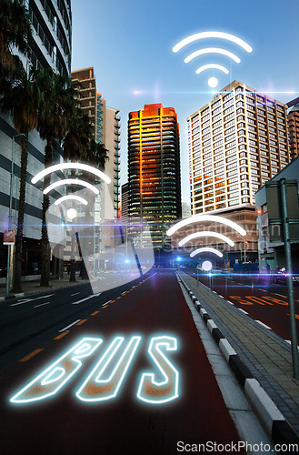 Image of Smart city, wireless network connection and hologram media in street, bus road and overlay of digital icon. Town, internet technology and future innovation of graphic data, buildings and iot system