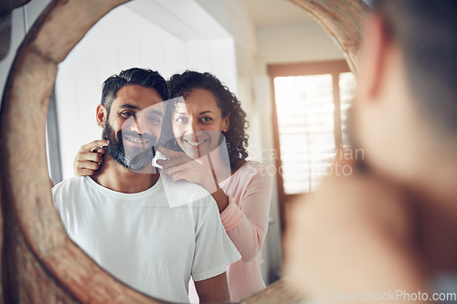 Image of Happy, reflection and morning with couple in mirror for wake up, support and love. Smile, commitment and happiness with man and woman bonding at home for motivation, helping and care together