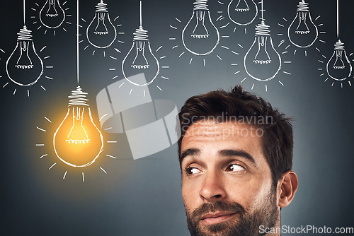 Image of Lightbulb, man or thinking of ideas, vision or goals of innovation in studio on grey background. Businessman, graphic or thoughtful person with insight on entrepreneurship problem solving or solution