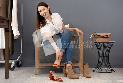 Image of Portrait, store and woman with new shoes, smile and purchase with service, buying or happiness. Female person, customer and girl with boutique items, products or retail with fashion, heels and client