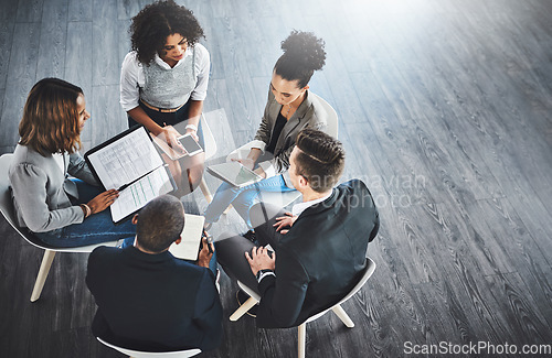 Image of Discussion, planning and business people for meeting in office with documents and technology. Collaboration, team and top view of employees working with technology and paperwork together with mockup.