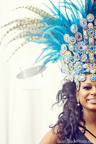 Image of Samba, dance and carnival with portrait of woman in colorful costume for celebration, party and festival in rio de janeiro with mockup. Performance, culture and music with half face of girl for event