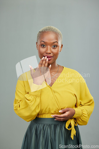 Image of Black woman, hand and mouth for surprise in studio portrait for secret, mistake or wow by background. African model, girl or fashion with gesture, sign or smile for story, news or gossip by backdrop