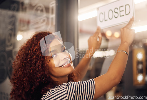 Image of Closed, sign and portrait of happy woman at shop, store and notice of retail shopping time, board and advertisement. Small business owner advertising closing of cafe, information or storefront poster