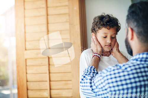 Image of Depression, sad and care of a father and child together for comfort, love and support or trust. Depressed, empathy and anxiety or mental health problem of a boy kid with man for a talk in family home
