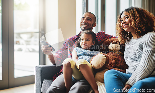 Image of Love, smile and family on a couch, watching tv and bonding on a weekend break, home or chilling. Happy parents, mother or father with kid, female child or daughter on a sofa, happiness and television