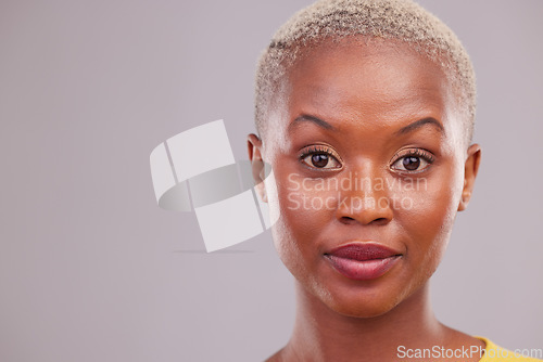 Image of Raised eyebrows, portrait and woman in studio with a confused, suspicious or surprise face. Young, beautiful and African female model with shock facial expression by gray background with mockup space