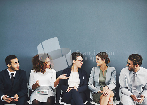 Image of Business people, we are hiring and conversation before a job interview waiting and sitting in line. Communication, technology and staff with diversity and discussing for recruit meeting with mockup