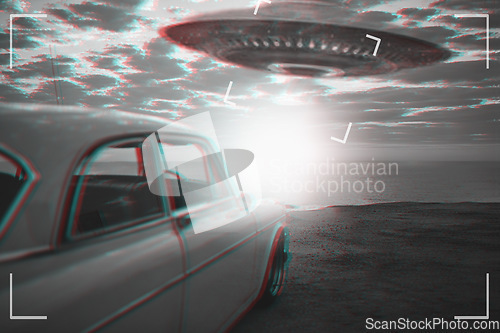 Image of UFO, alien and viewfinder on a camcorder screen to record a flying saucer in the sky over area 51. Camera, car and conspiracy theory with a spaceship on a recording device display outdoor in nature