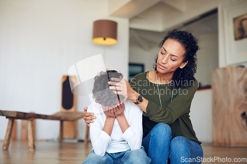 Image of Empathy, sad and family child, mother or woman comfort crying kid over bullying problem, home depression or youth crisis. Mental health, unhappy and mom with support for young son with emotional pain