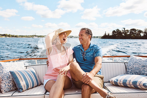 Image of Laughing, happy couple and on a boat for retirement travel, summer freedom and holiday in Bali. Smile, love and a senior man and woman on a yacht for vacation adventure, luxury and a cruise date