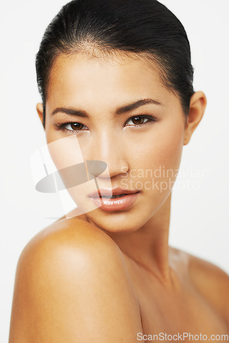Image of Natural beauty, woman closeup and portrait with skincare and dermatology with mockup. Isolated, white background and Asian female person with face makeup and skin glow from cosmetics and treatment