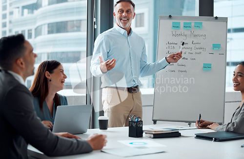 Image of Senior businessman, happy leader and training presentation or business meeting for sales marketing in office. Teamwork discussion, planning strategy and corporate employee happiness working together