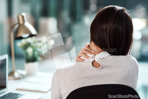 Image of Neck pain, office and business woman with stress, muscle ache and tension in sitting posture. Health, medical emergency and back of female worker massage at desk for problem, accident and injury