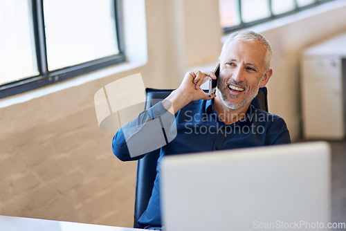 Image of Ceo, senior businessman with cellphone on call and pc or desktop in modern office. Online networking or social media, business and happy mature man on smartphone or computer in workplace