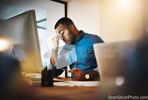 Image of Headache, tired and businessman working in the office with eye strain from the computer or technology. Burnout, migraine and professional male employee doing research on a desktop in the workplace.