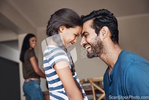 Image of Happy, bonding and father and child with care, love and content together for happiness. Smile, family and a dad with a girl kid and affection, quality time or laughing on fathers day at home