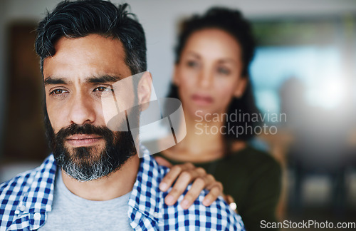 Image of Support, sad and woman comforting a man with anxiety, depression or mental health problem. Thinking, love and a couple with care, comfort and touching shoulder for concern while depressed at home