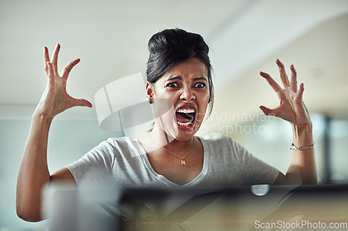 Image of Stress, screaming and angry business woman in office with anxiety, problem and internet crisis. Frustrated, shouting and female person annoyed with glitch, delay or online problem, 404 and disaster