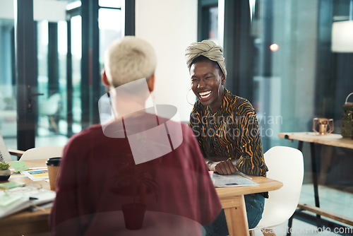Image of Office, happy or women laughing in meeting after planning growth strategy ideas with teamwork together. Smile, black woman or business friends speaking of a funny joke about employees or workers