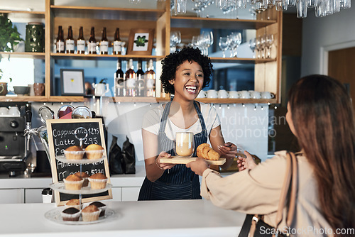 Image of Happy woman, barista and serving customer at cafe for service, payment or order on counter at coffee shop. African person, waitress or employee in small business restaurant helping client at checkout