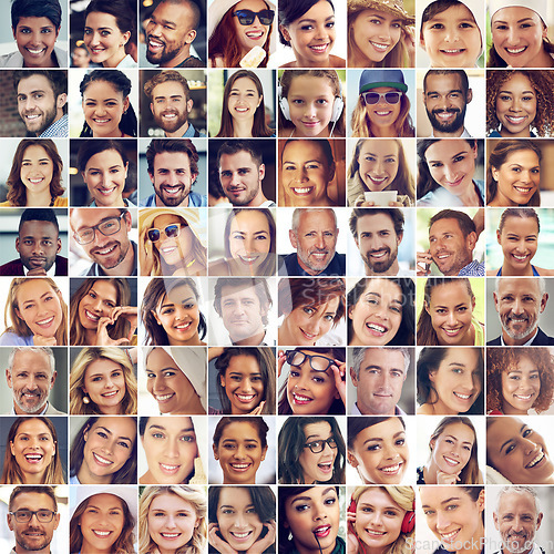 Image of Diversity, large group and people with happiness, confident and different races with joy, cheerful and excitement. Portrait, faces and happy human beings with collage, smile and charming with beauty