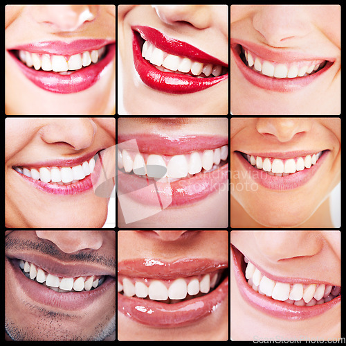 Image of Dentistry, health and collage of teeth smiles with dental wellness and fresh mouth routine. Self care, cosmetic and montage of a diverse group of people with a clean, healthy and organic oral hygiene