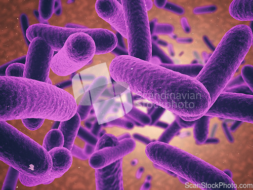 Image of Microscopic bacteria of virus in purple illustration for healthcare, medical research or investigation on orange background. Zoom of particles or molecules for science, health or disease in dna study