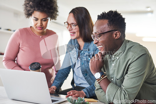 Image of Team, laptop and meeting with collaboration, people work together at digital marketing startup. Black man, women and diversity, strategy discussion with pc and teamwork with communication in office