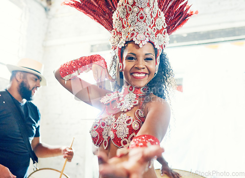 Image of Samba, music and dance with woman at carnival for celebration, party and festival in Rio de Janeiro. Summer break, show and creative with brazil girl for performance, holiday and culture event