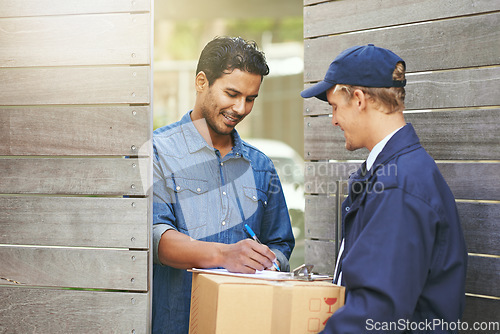 Image of Logistics, customer sign off package from delivery man and crm outdoors at the gate. Ecommerce or courier service, online shopping or product and shipment or exchange between people with signature