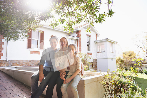 Image of Portrait, home and family outdoor, smile and bonding with quality time, homeowner and cheerful. Face, mother or father with female child, house and daughter outside, sunshine and real estate property