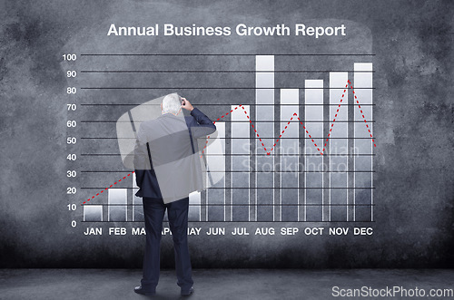 Image of Back, business and man with graph, finance and profit growth against a chalkboard, thinking and stress. Mature male employee, accountant and investor with a chart, year and track progress for income