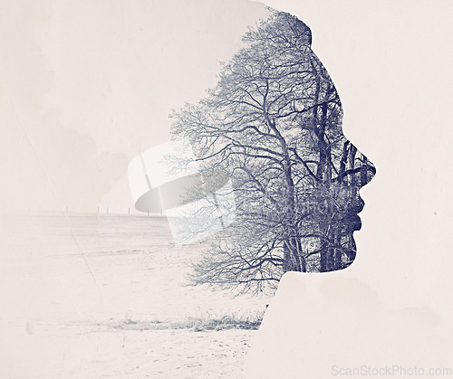 Image of Woman, face and tree with double exposure and nature, creativity and environment with mockup space. Art abstract, female person profile and overlay, illustration and reflection with sustainability