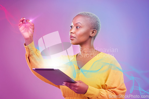 Image of Tablet, hologram and overlay with a black woman in studio on a neon background for an ai icon on a dashboard. Futuristic, digital and ai with a person using a holographic or 3d virtual user interface