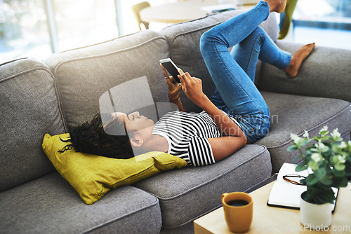 Image of Relax, phone and woman on sofa in home for network, online website and social media. Communication, mobile app and happy female person on smartphone for chatting, text message and internet connection