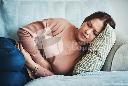 Image of Stomach ache, pain and woman on home sofa with menstrual or period cramps in lounge. Sick, abdomen or colon problem of a female person with hands on tummy for constipation, digestion or virus