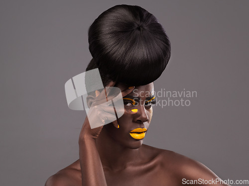 Image of Art, aesthetic and portrait of black woman in studio for makeup or cosmetic product promo with mockup. Fashion, yellow lipstick and beauty model on grey background, creative cosmetic tips in Africa.