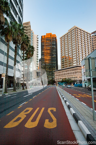 Image of Path, road and lane for bus in city for direction, priority and public transportation. Commute, safety and asphalt with road planning for transit and urban infrastructure, landscape and architecture