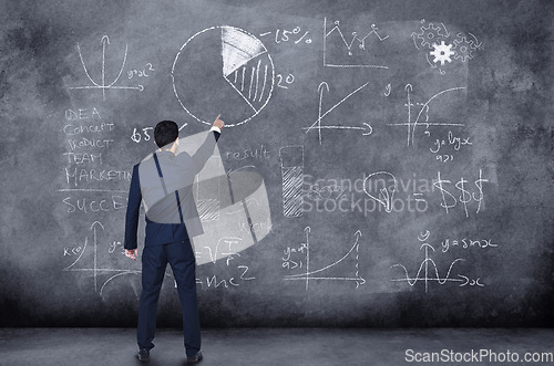 Image of Professional person, finance and graph on board to think about numbers growth for investment for plan and strategy. Businessman, writing and accounting with black background for project management.